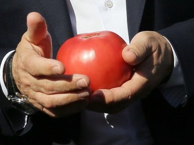 Путин держит в руках помидор. Фото: ТАСС