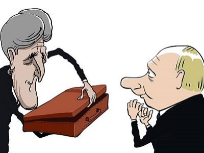 Керри, Путин и магический чемодан. Карикатура С.Елкина, источник - https://www.facebook.com/sergey.elkin1